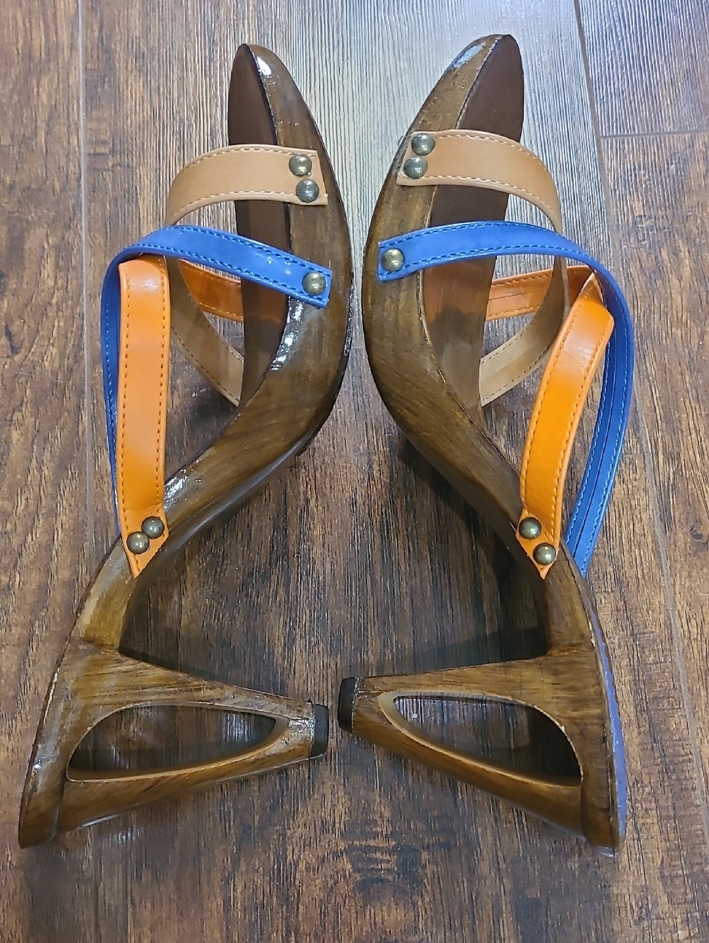 Italian Shoemakers Blue & Tan Strappy High-Heel Sandals Wood Size 9 - Picture 6 of 10